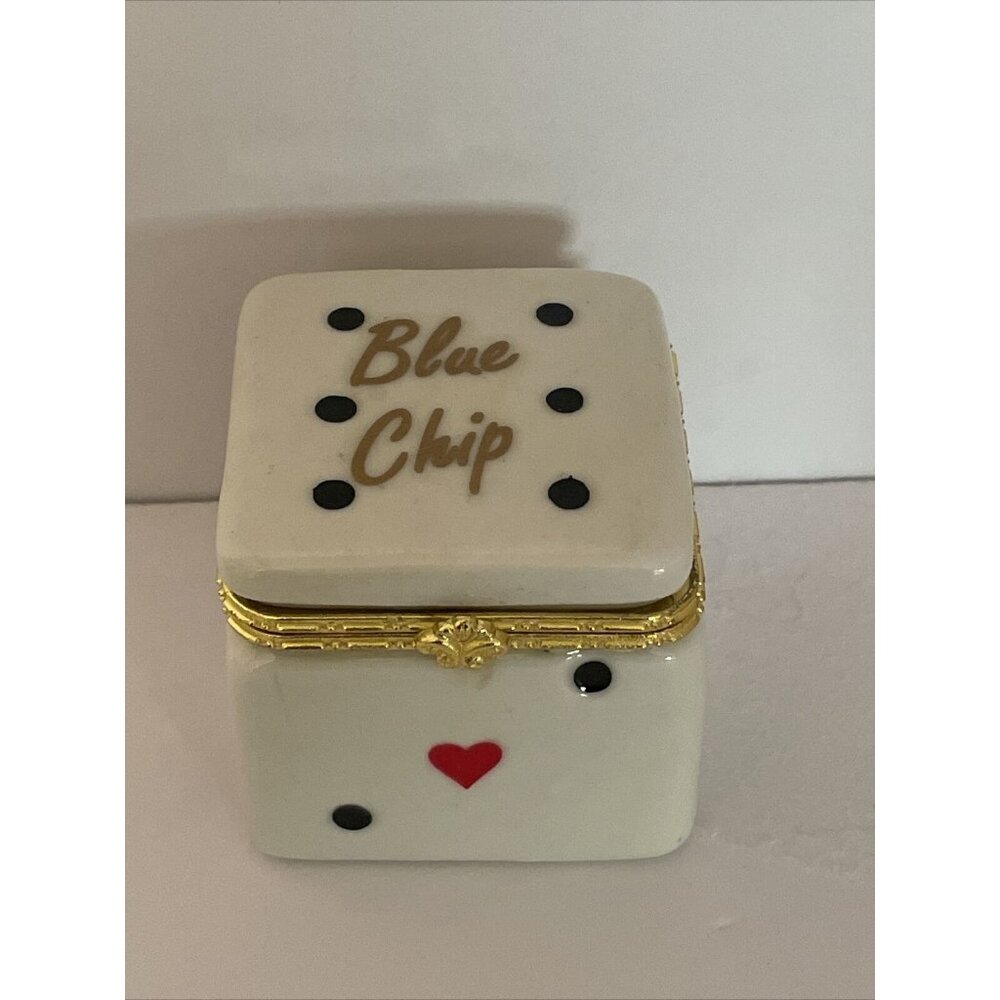 Porcelain Die Trinket Box Hinged Lid Blue Chip Casino Decor